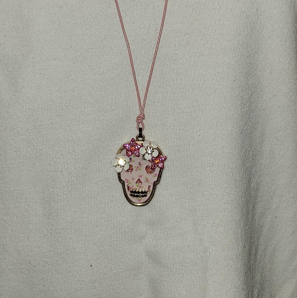 Betsey Johnson Pink Floral Skull Necklace